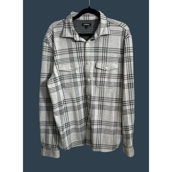 Plaid Long-Sleeve Button-Up Shirt By Express In Gray & Black - Picture 1 of 7